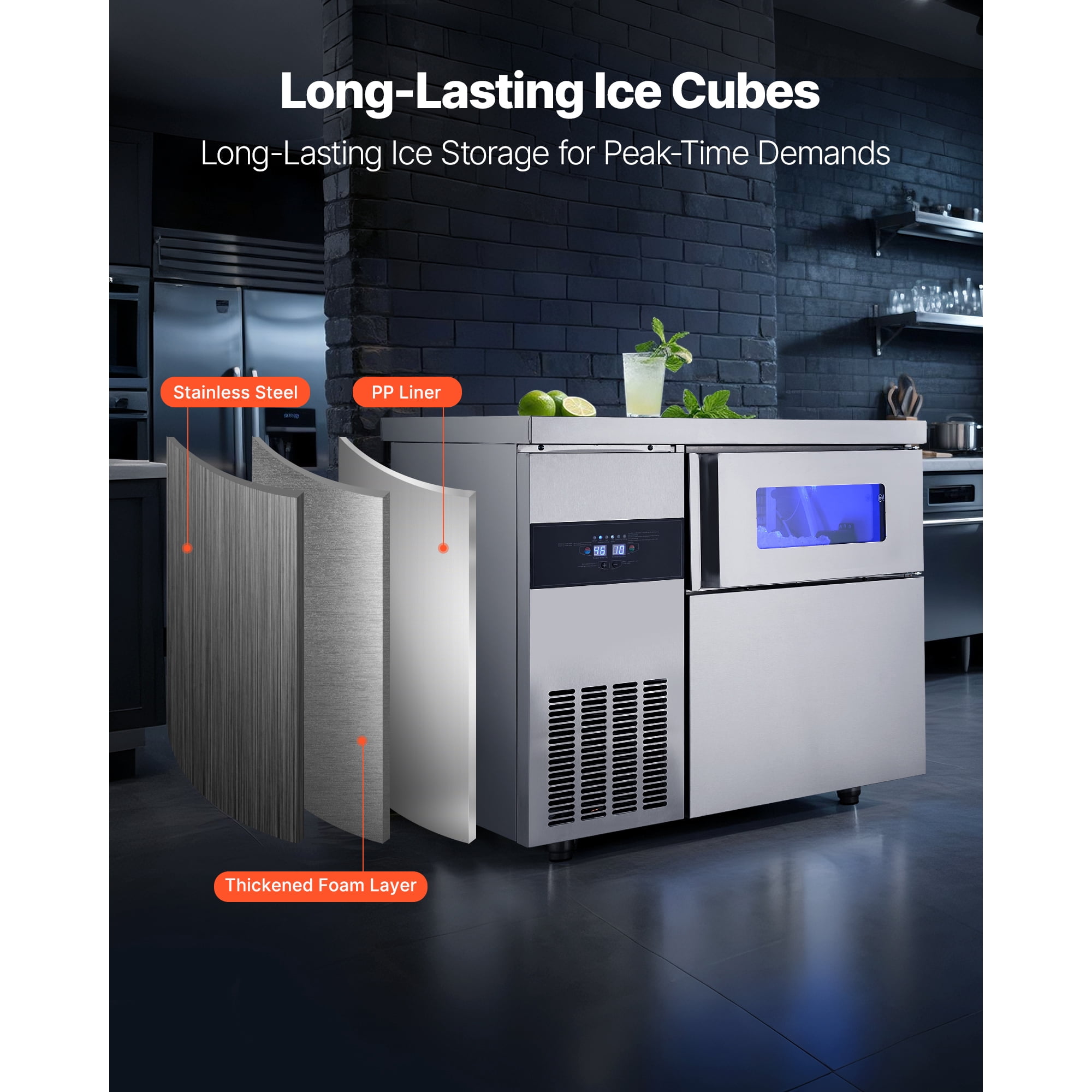 KFFKFF Commercial Ice Maker Machine, 265 lbs/24H Stainless Steel Ice Maker with Countertop, 66 lbs Storage & 126 Cubes per Cycle, Self-Cleaning Freestanding Ice Machine for Home, Bar, Office