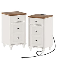 2PCS White End Tables with Charging Station, Power Outlets & USB Ports, Modern Nightstand with Drawer & Storage Cabinet for Bedroom & Living Room
