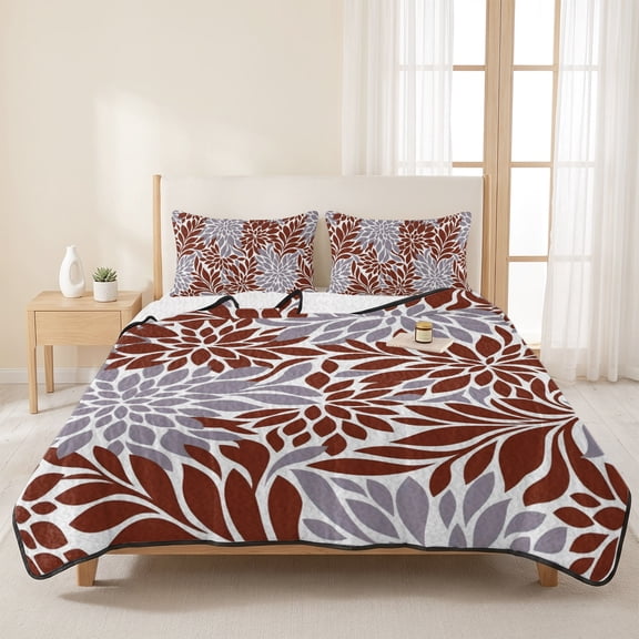 3 Piece Summer Bed Quilt Set King Size,Burgundy Gray Flower Pattern Lightweight Bedspread Coverlet with 2 Pillowcases Modern Floral Seamless Print Soft Comforter Bedding Quilts for All Season