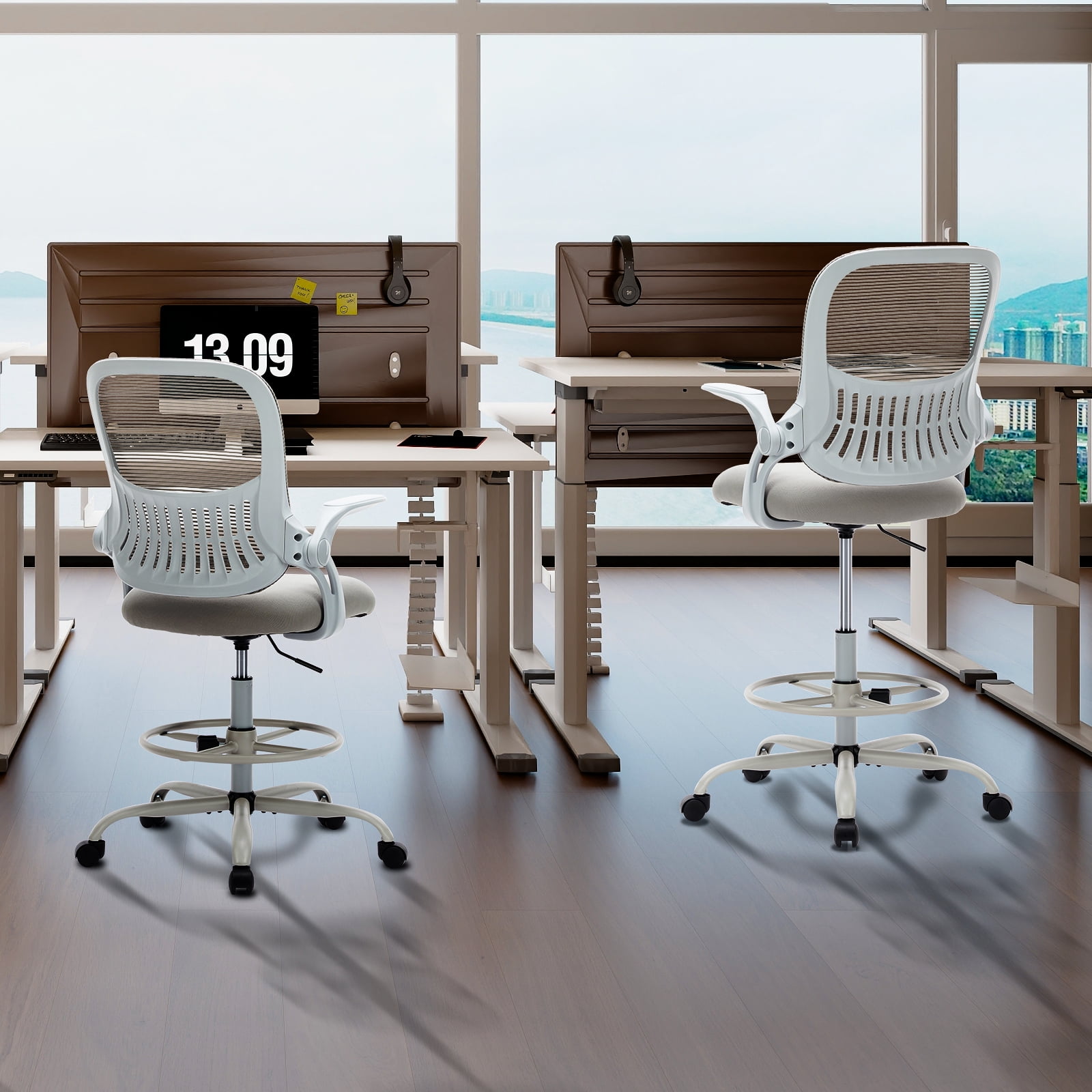 CONCETTA Ergonomic Desk Chair with Adjustable Foot Ring, Flip-up Armrests & Lumbar Support, Gray