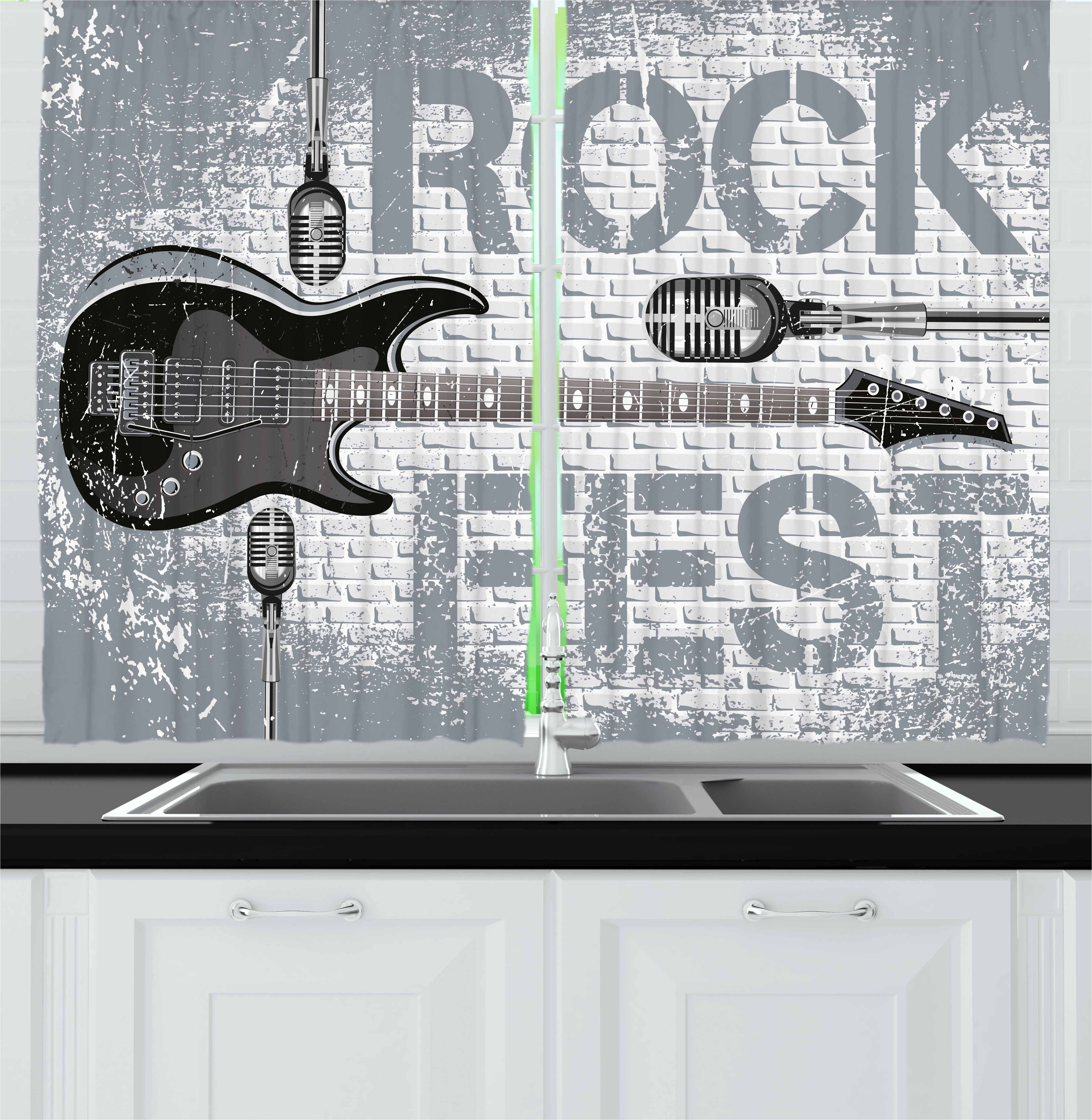 Rock Music Curtains 2 Panels Set, Grunge Color Splashed Brick Wall