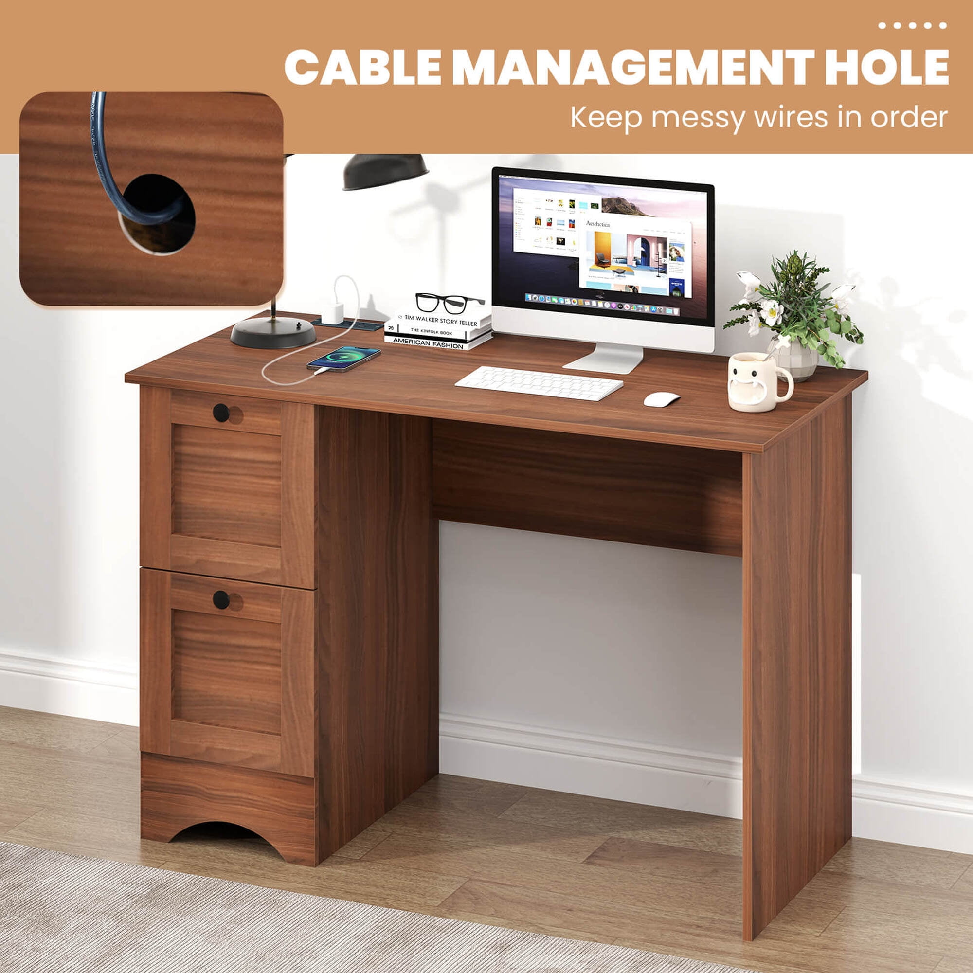 Costway 43" Home Office Desk with Charging Station Compact Study Writing Desk Walnut