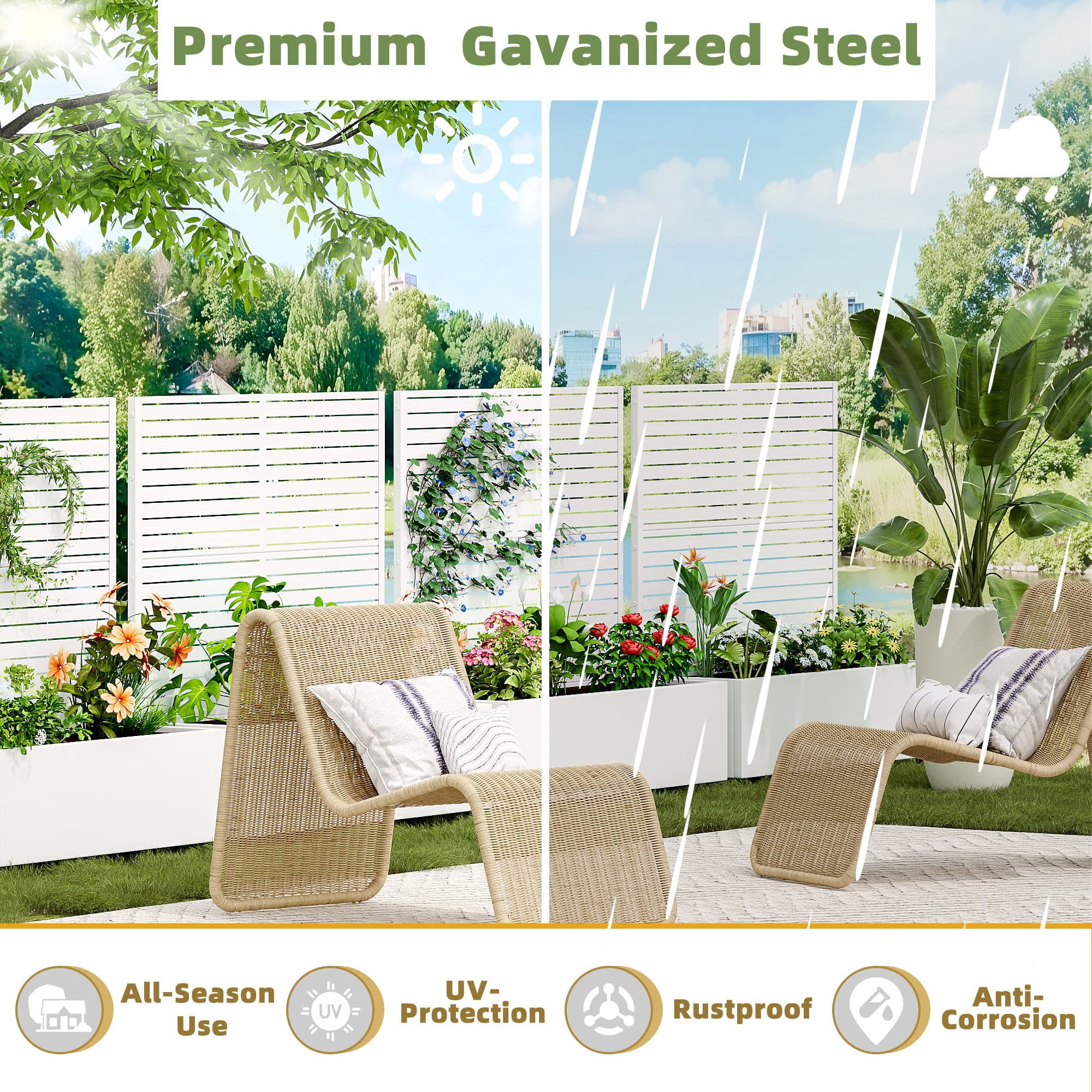MAYEERTY 47*16*47"Outdoor White Metal Planter with Rect Louvered Climbing Trellis, Drainage hole & Wheels