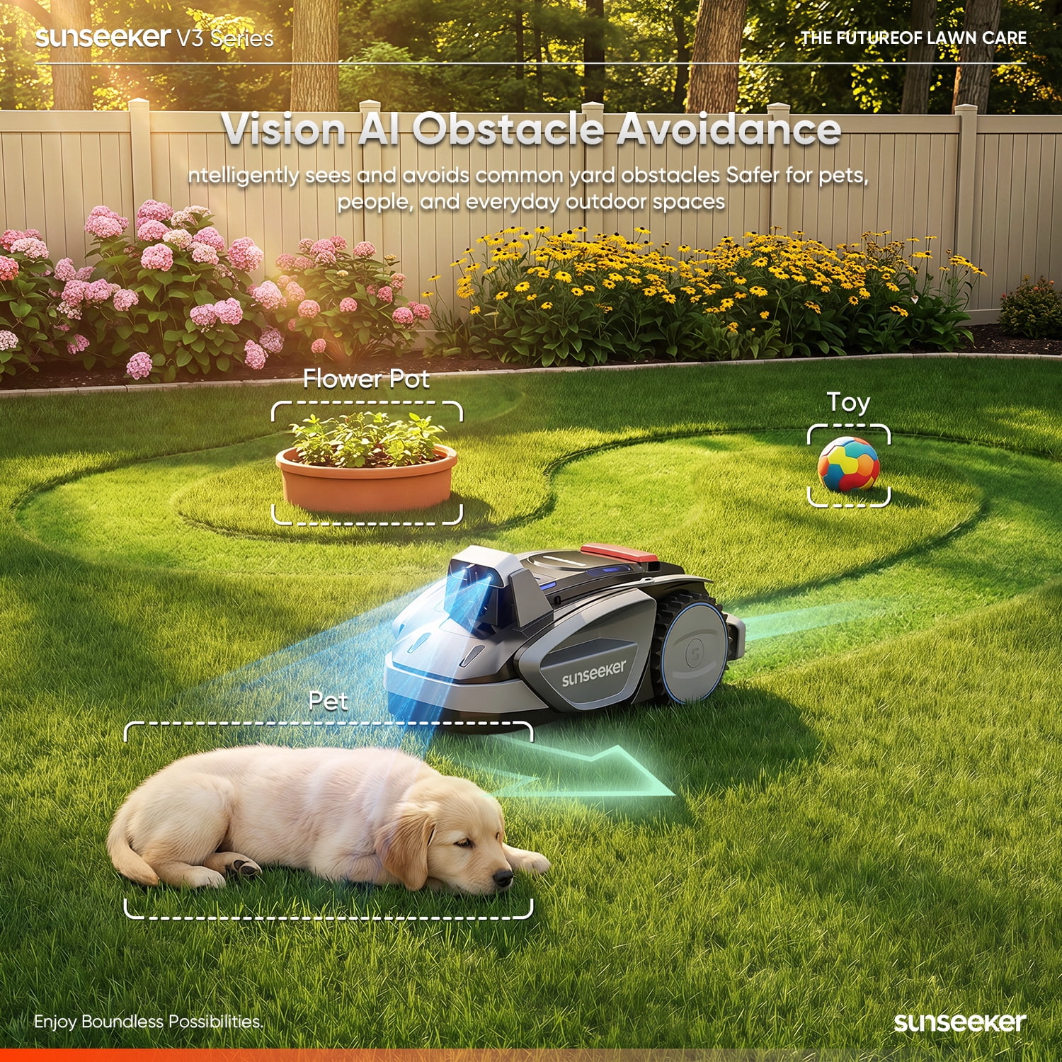Sunseeker V3 Wireless Robot Lawn Mower 0.15 Acre/6,400 Sq Ft, AI Auto Mow, Smart Obstacle Avoidance, App Control