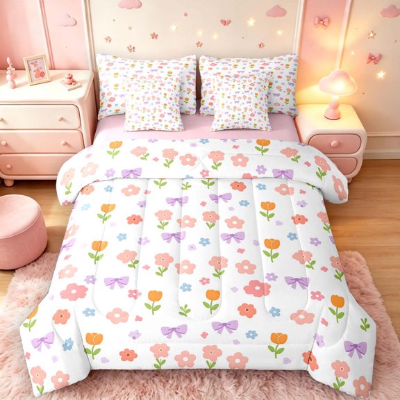 Manfei Kawaii Floral Bowtie 7-Piece Twin Bedding,Cute Cartoon Themed Bedding Comforter Set,White Pink,Pink Reversible