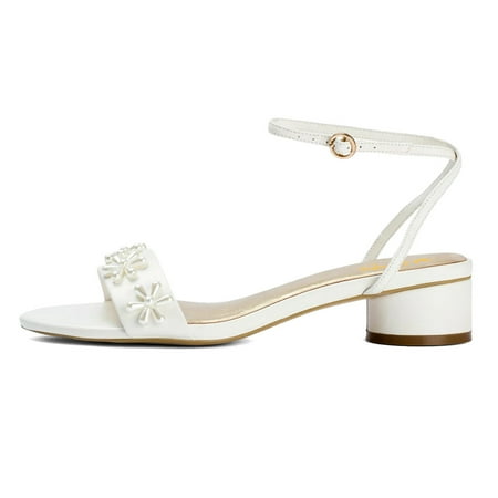 

XYD Women Bridals Stylish Pearl Flower Sandals Slender Ankle Strap Round Open Toe Circular Low Heels Wedding Shoes Size 12 White