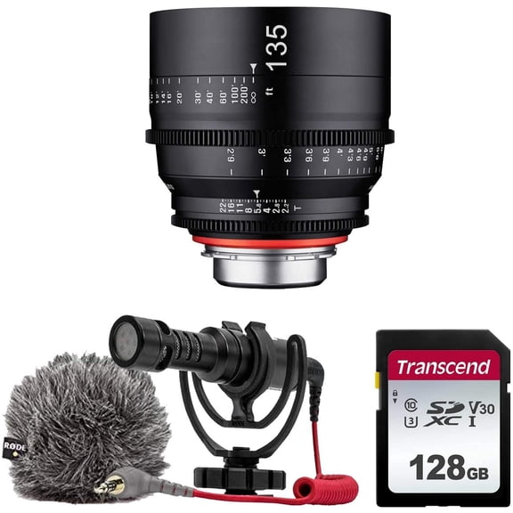 XEEN by ROKINON 135mm T2.2 Professional Cine Lens for Micro 4/3 Mount   Rode VideoMicro Compact On-Camera Microphone with Shock Mount and Furry Windshield   128GB High Speed Memory Card
