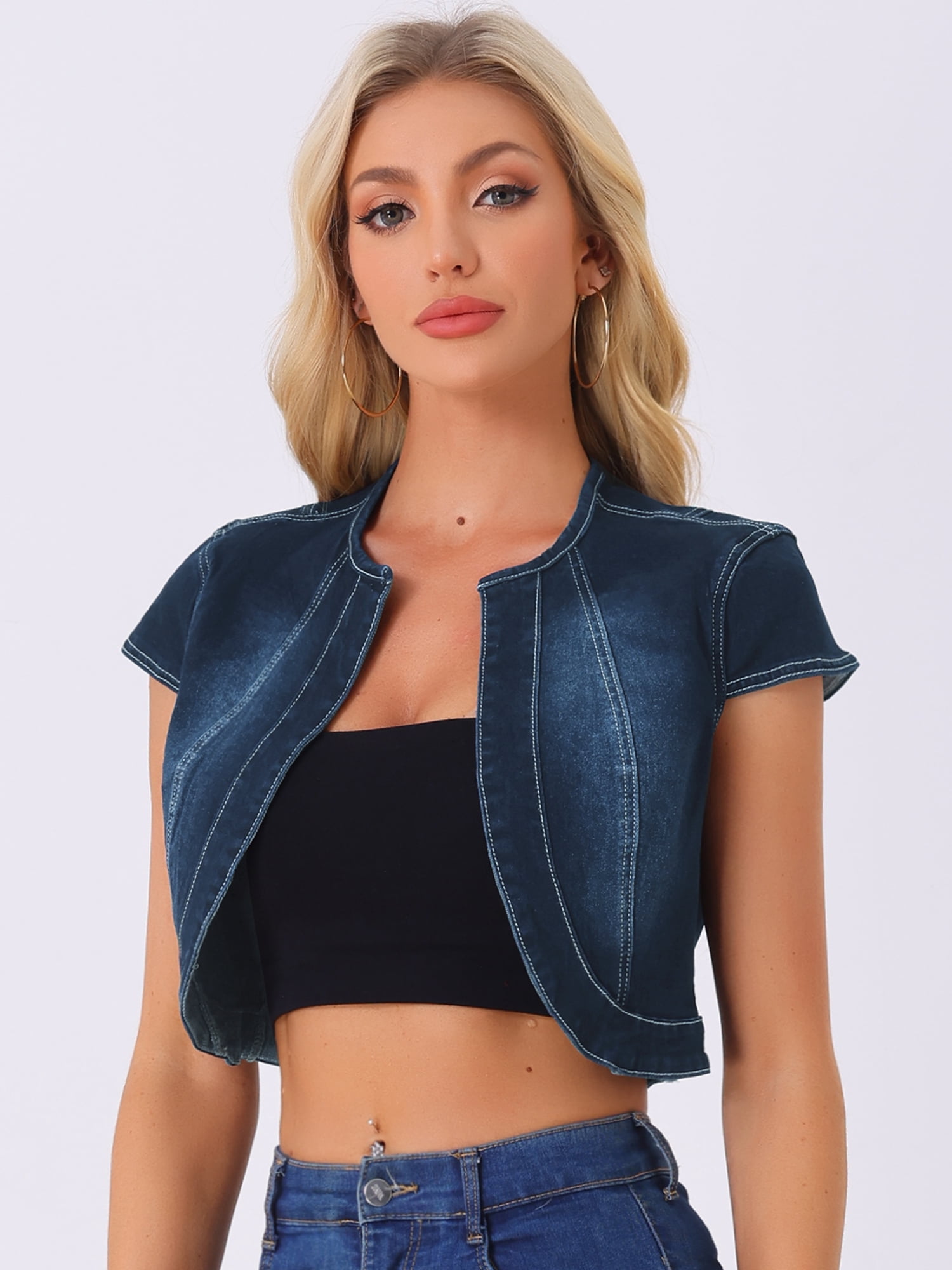 DARING DIVA Women's Crop Denim Cardigan Cap Sleeve Jean Jacket L Black Blue