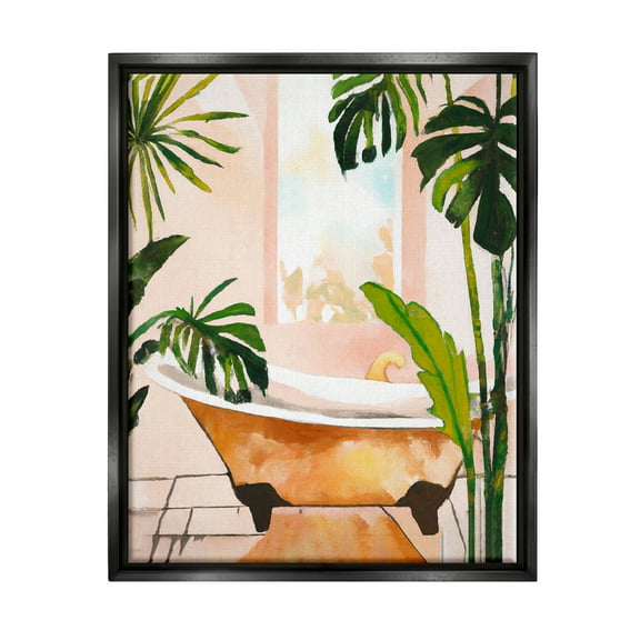 Stupell Industries Tropical Plants & Bathtub Botanical & Floral Painting Black Floater Framed Canvas Art Print Wall Art, 25 x 31