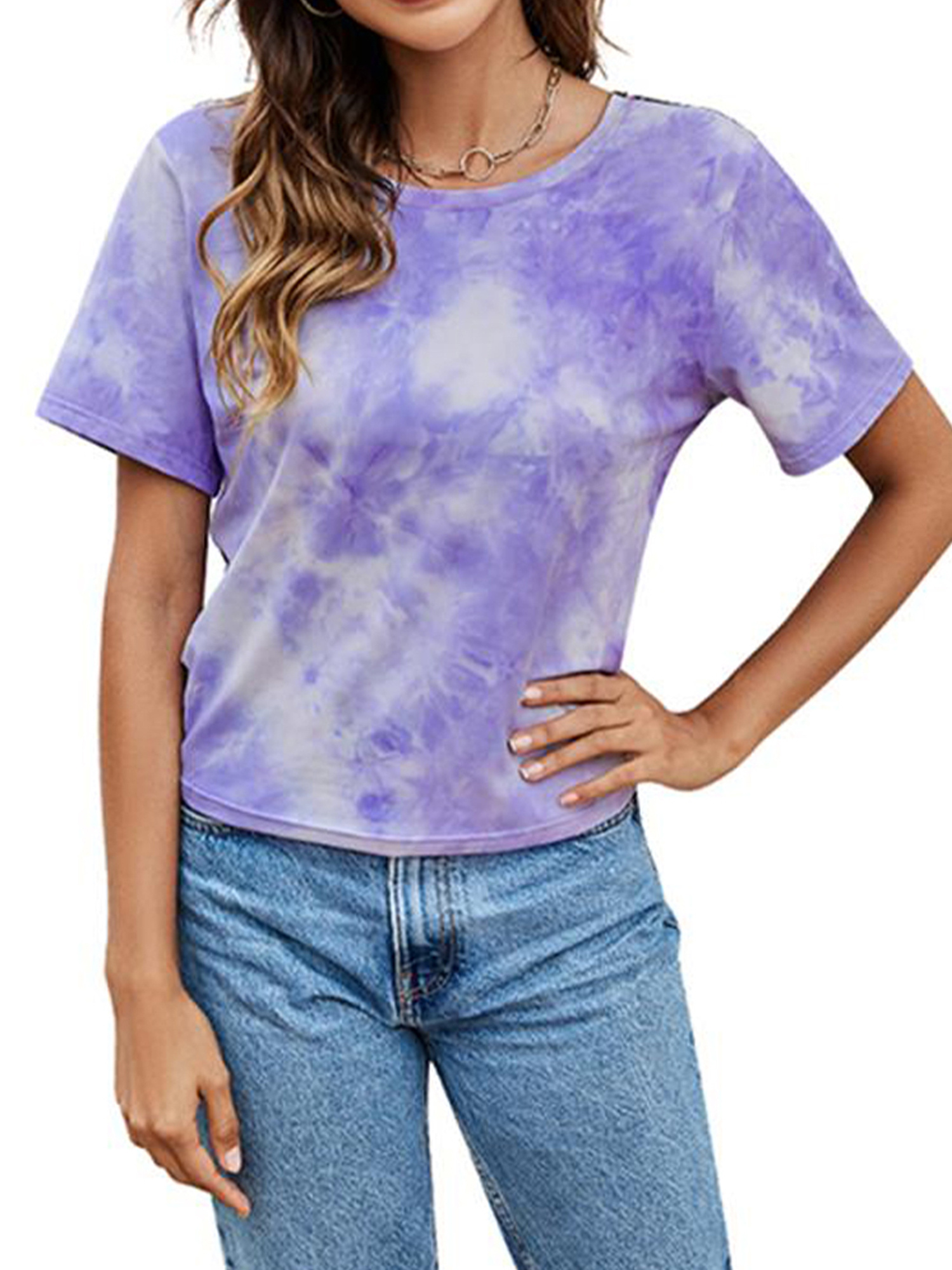 Dainzusyful Womens T Shirts Short Sleeve Criss Cross Front V Neck Casual Tie-Dye Tees Gradient Loose Fit Tops Blouses