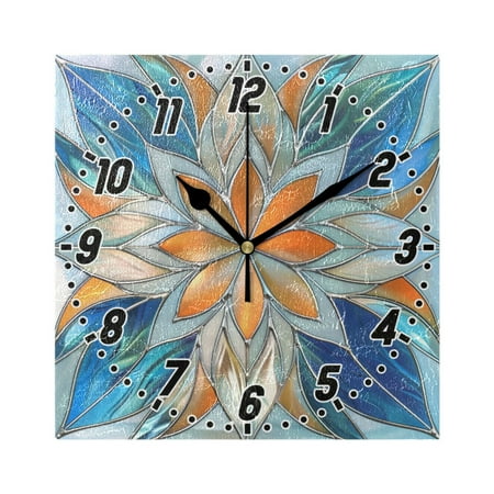Orange Blue Floral Stained Glass Wall Clock Battery Operated Silent Non-Ticking Bedroom Office Kitchen Home School Decor 7.8(Black)