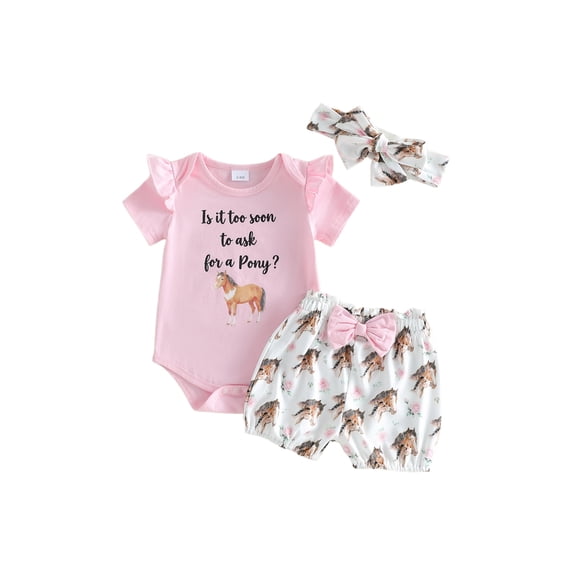 BemeyourBBs 3Pcs Newborn Baby Girl Cowgirl Outfit Infant Girls Summer Clothes Short Sleeve Boots Print Romper Shirt Belted Bubble Shorts Set and Headband