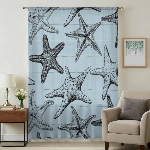 Teal Blue Starfish Sheer Curtains 108 Inches Extra Long, Coastal Ocean Summer Sea Nautical Light Filering Curtains, Privacy Drapes Simi Floor to Veiling Curtain for Living Room Window Treatment