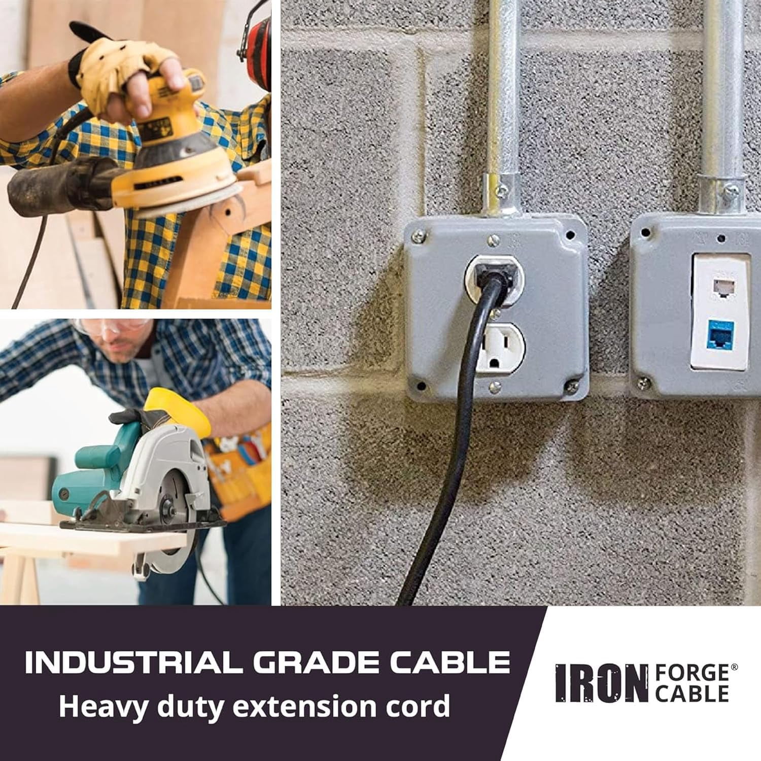 Iron Forge Cable 25 ft Lighted Outdoor Extension Cord - 10/3 SJTW Heavy Duty Black Extension Cable with 3 Prong 15 AMP Grounded Plug for Safety