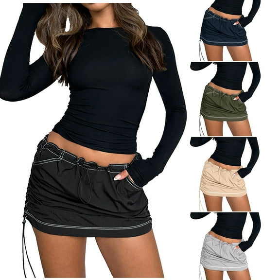 USSUMA Skirts for Women Midi Skirt Solid Color Pleated High-Elastic Pocket Mid-Calf Skirt Elegant Dress Breathable Dress Business Online Shopping Army Green Skirt for Women Imitation Leather L