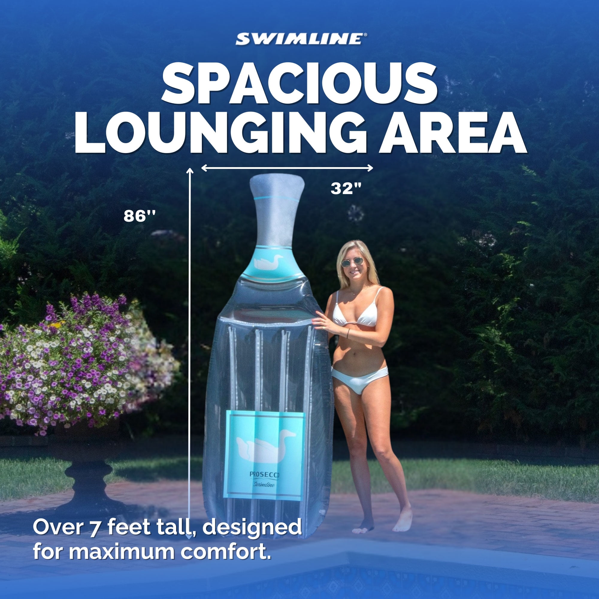 Swimline 90650 Giant 86" Inflatable Prosecco Bottle Pool Float or Lake Raft Lounger for 1 Person, Gray & Blue