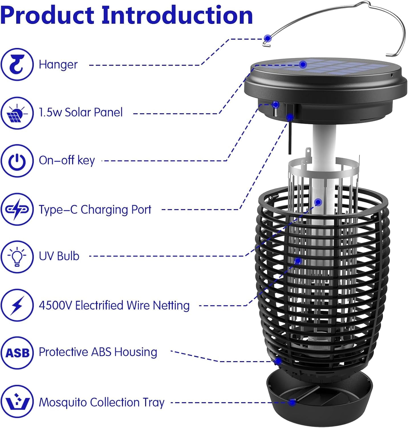 Bug Zapper Soalr for Outdoor, 4500V Mosquito Killer Lamp with Ground Pole Type-C Rechargeable Insect Zapper for Patio, Porch, Camping