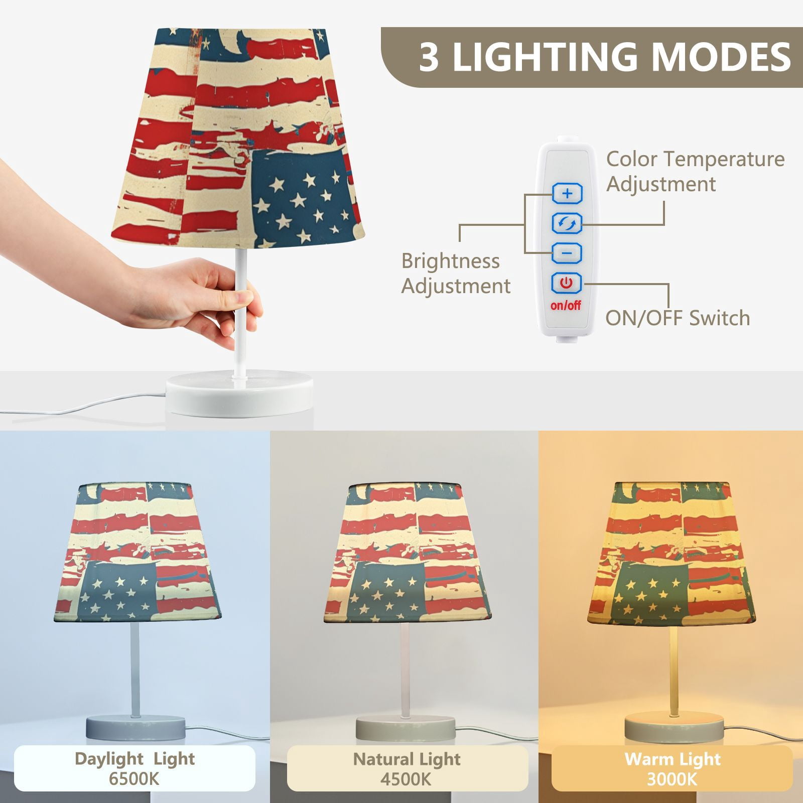 Us Flags Desk Lamp 3 Color Modes LED Table Lamp Nightstand Reading Light for Bedroom Living Room