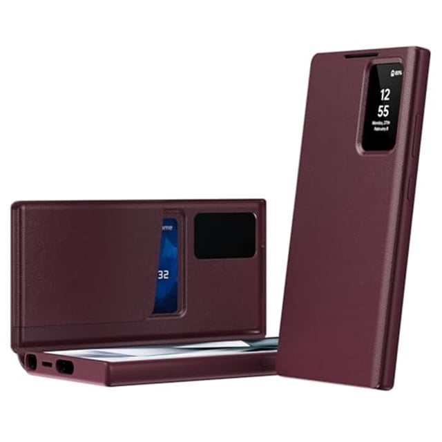 Case for Samsung Galaxy S26 Ultra/S26 Plus/S26, featuring a super slim design with a card slot and camera protective shell. Made from premium PU leather in a burgundy color, it includes a smart window for viewing time, date, and incoming calls without unlocking the phone. The case offers full-cover protection with a seamless front-and-back design, shielding the device from scratches and daily wear. Shown in a standing position and open view to display the card slot and smart window functionality.