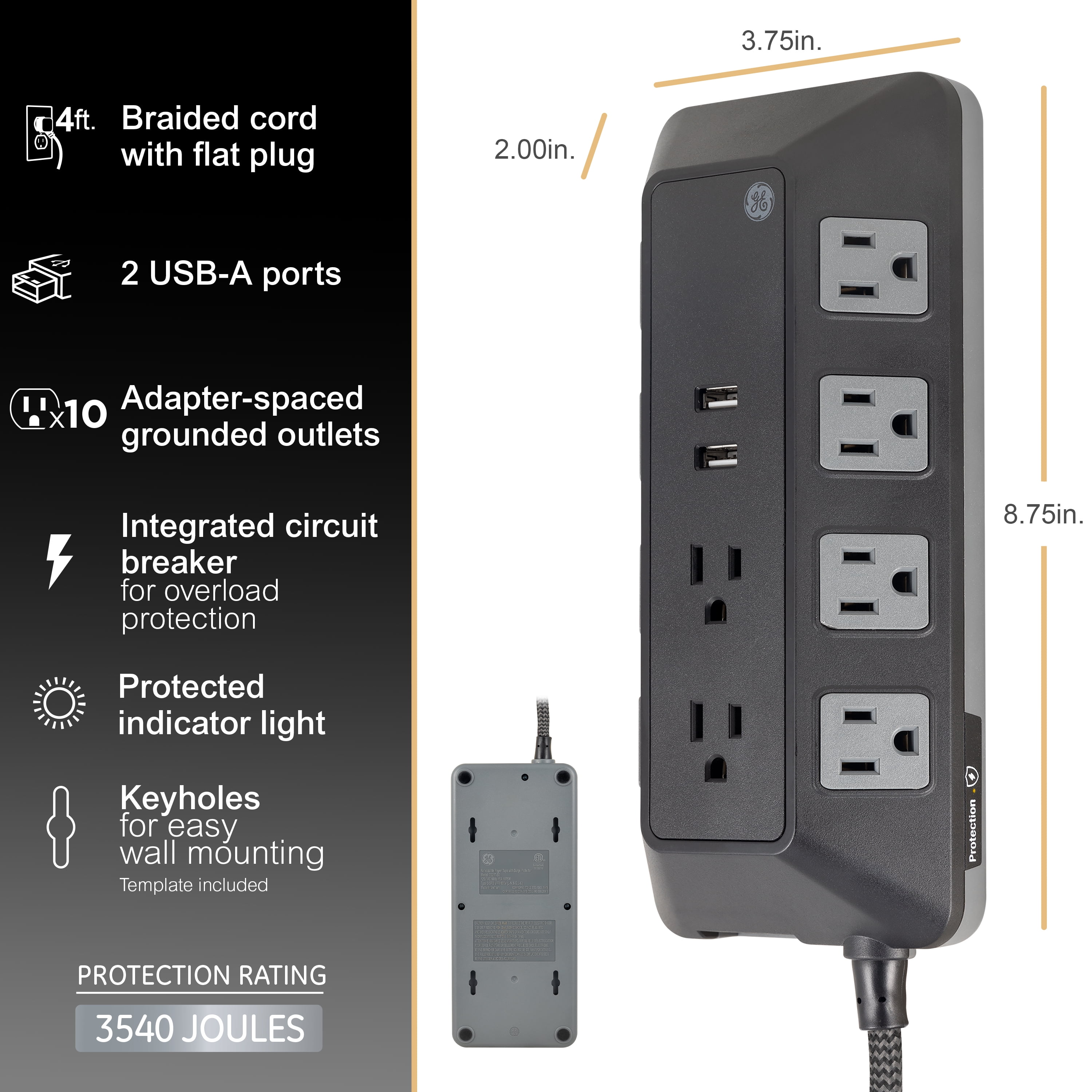 GE Adapt 10-Outlet Surge Protector Power Strip, USB Hub, 4ft Braided Cord, Black