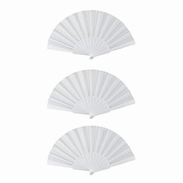 3X Ventilador de Mano Plegable de Plastico Y Tela para Senoras Y Hombres Blanco