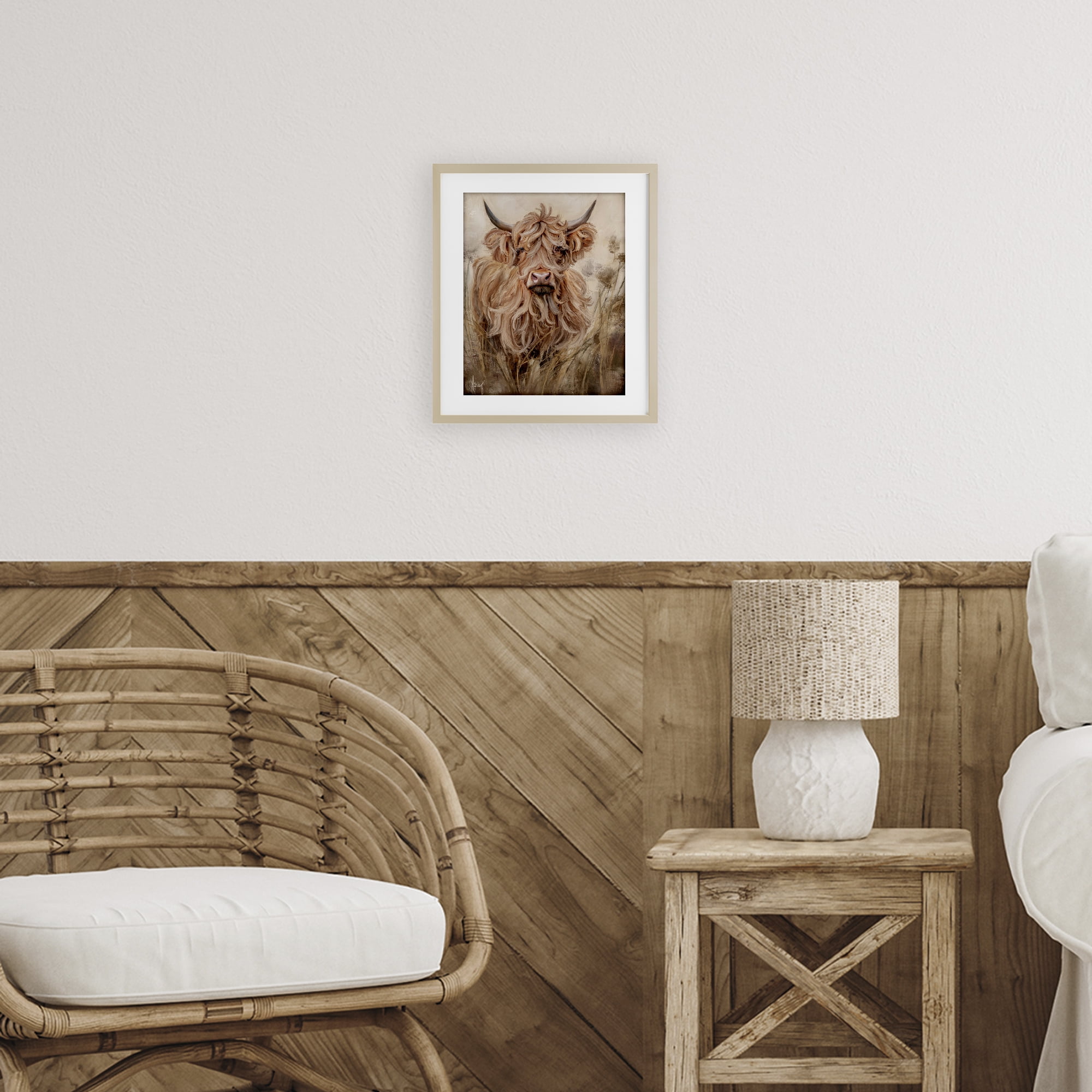 Curly Haired Highland Cattle Birch Framed Print Under Glass, design by Ashley Bradley