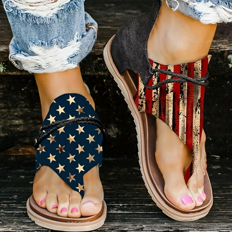 Women s Navy Blue Canvas Gladiator Flat Sandals with Strappy Back Zipper Closure Split Toe and Striped Pattern COLORS NATIONAL FLAG Walmart
