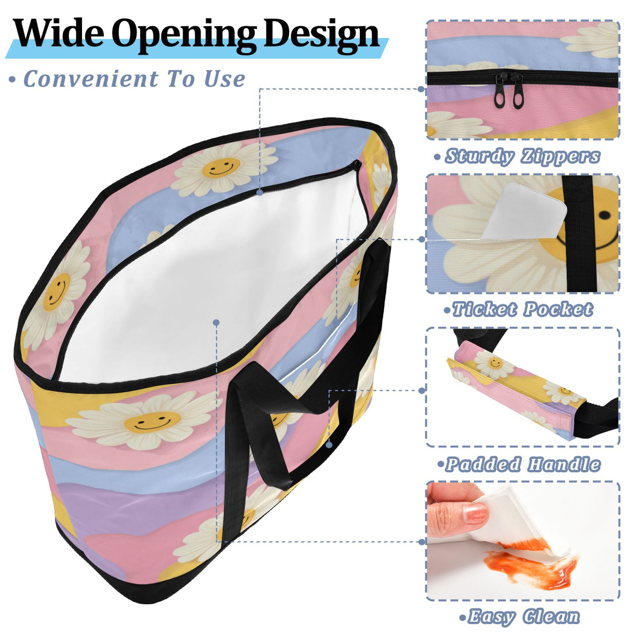 Extra-Large Wide Opening Design Capacity Hand-Held Ice Pack Thickened Insulation Layer For Long-Lasting Cold Retention For Outdoor Shopping Picnics And Camping Cute Adorable Smiling Daisies