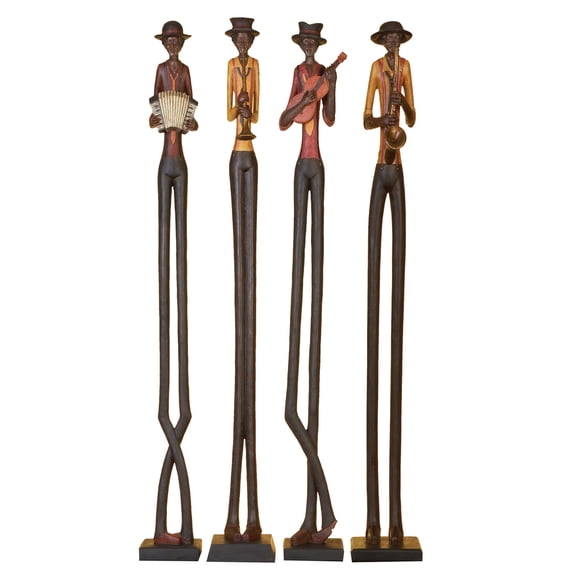 DecMode Electic Polystone Tall Long Legged Jazz Band Sculpture with Brown Hand Painted Finish, Set of 4 5"W x 40"H