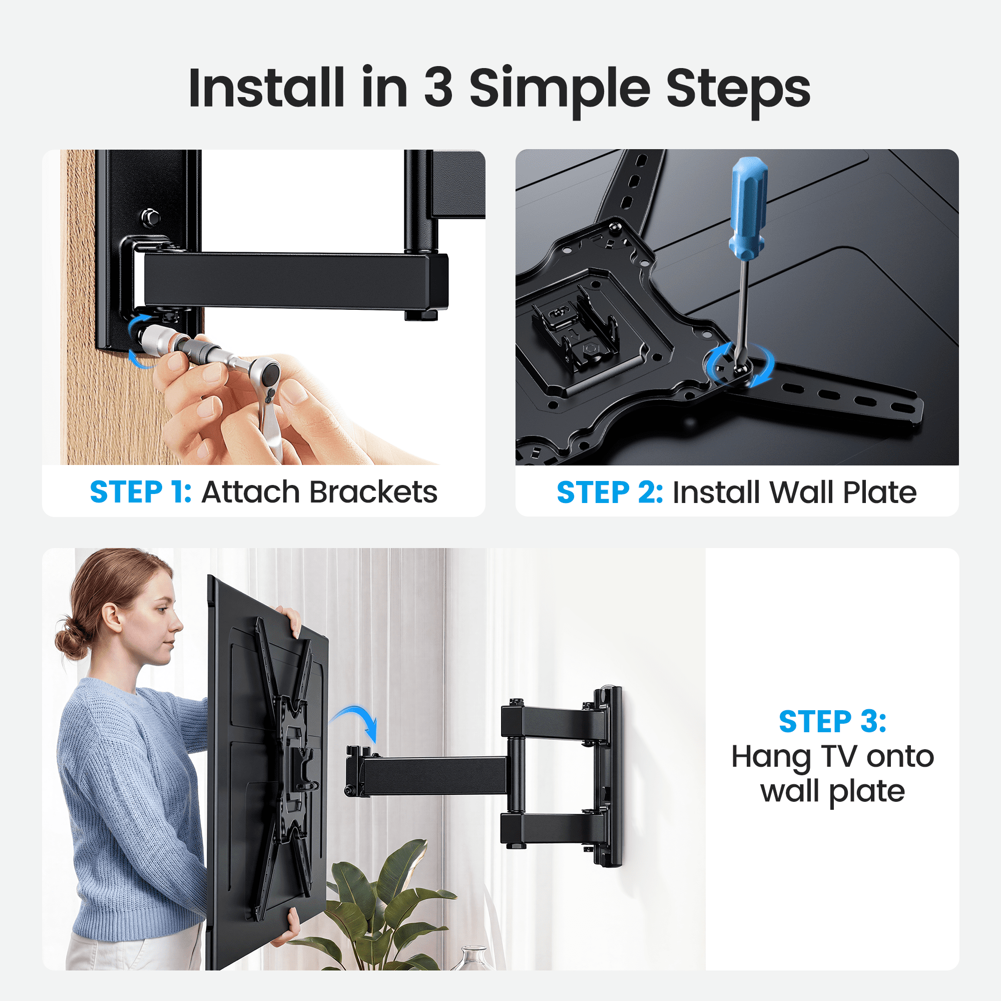 MountFTV Full Motion TV Wall Mount Bracket for 26-65 inch TVs, Holds up to 77 lbs, Corner TV Wall Mount Bracket with Swivel, Leveling and Extension