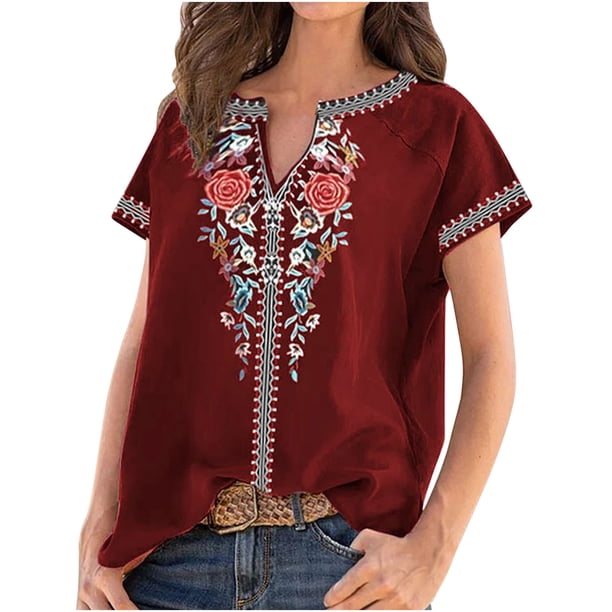 Camiseta de manga corta con estampado étnico y cuello en V informal de temperamento de verano para mujer Top Pompotops hkajfhjk472006