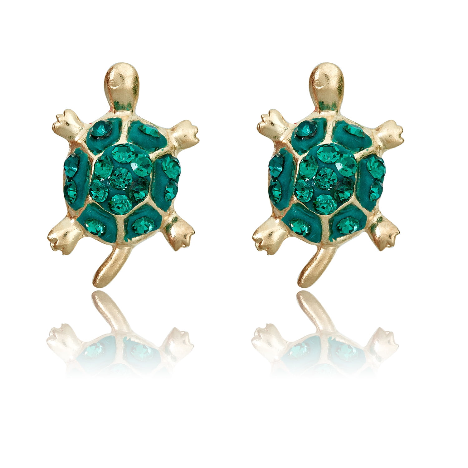 Solid 14k Yellow Gold Green Enameled Turtle Post Earrings 12mm x 9mm