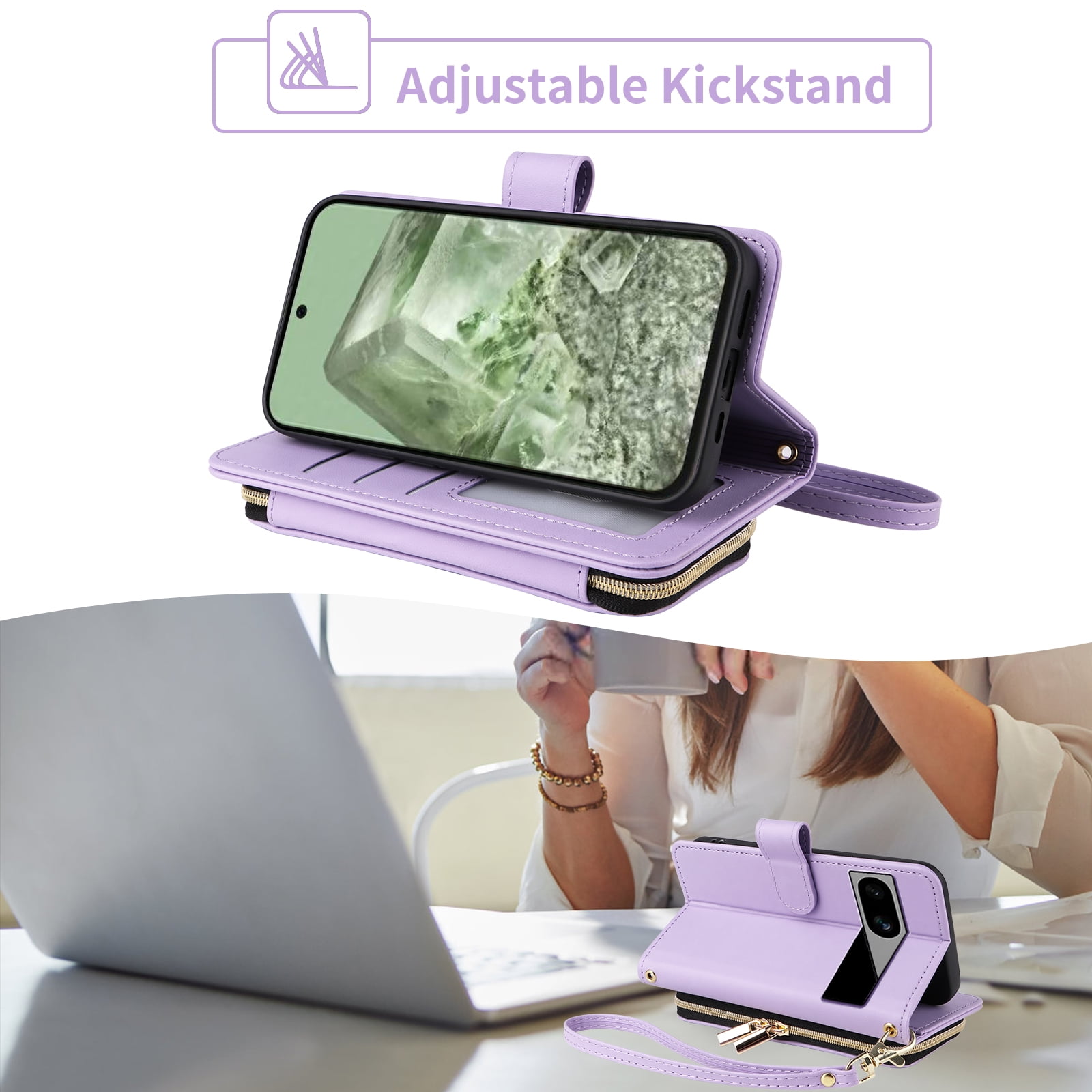 Furiet Wallet Case for Google Pixel 7 5G with Wrist/Shoulder Strap, Card Slots Zipper Flip Purse Luxury PU Leather Card Holder Stand Cell Phone Cover for Pixel7 Pixle Seven 6.3 Women Girls Purple