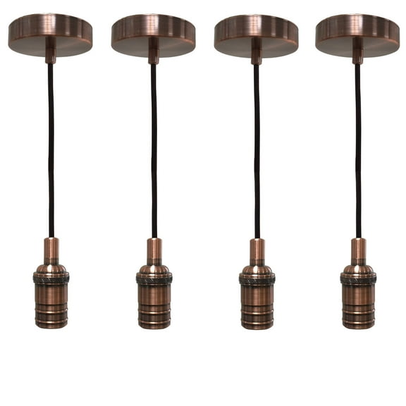 Royal Designs Vintage-Style Antique Copper Keyless Pendant Light Socket and Canopy with Brown Rayon Fabric Cord, Set of 4