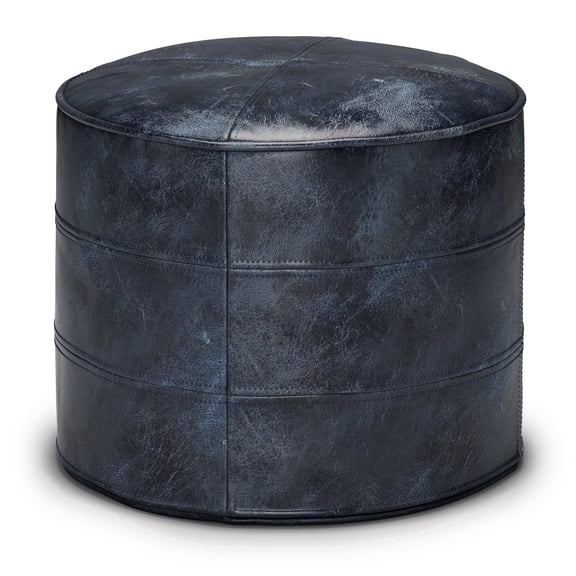 Simpli Home Connor 18 inch Wide Boho Round Pouf in Distressed Navy Blue Genuine Leather