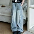 thumbnail image 2 of Kids Girls Wide Leg Denim Cargo Pants Casual Baggy Jeans High Waist Floor Length Jeans with Pockets, 2 of 9