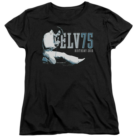 Trevco ELV654-WT-3 Elvis Presley & Elv 75 Logo Womens Short Sleeve T-Shirt, Black - Large