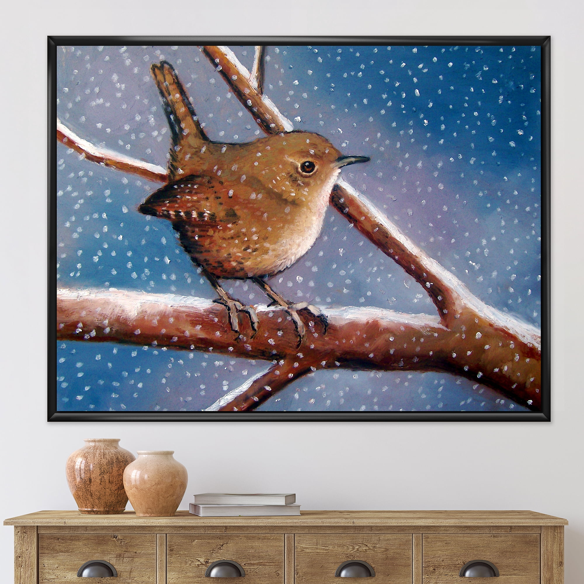 Designart 'Wren Bird On Branch In Winter' Farmhouse Framed Canvas Wall Art Print