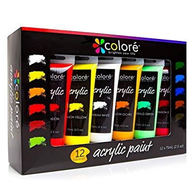 - colore acrylic paint studio set - professional grade painting kit for painting canvas, clay, fabric, nail art, ceramic & crafts - great for kids & adults - 12 extra large, 75 ml (2.5 oz) tubes