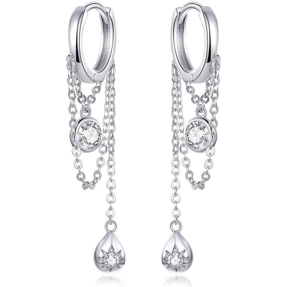 Sterling Silver Dangle Diamond Small Hoop Earrings for Women CZ Elegant Threader Tassel Drop Long Chain Cuff Earrings Sensitive Ears Hypoallergenic