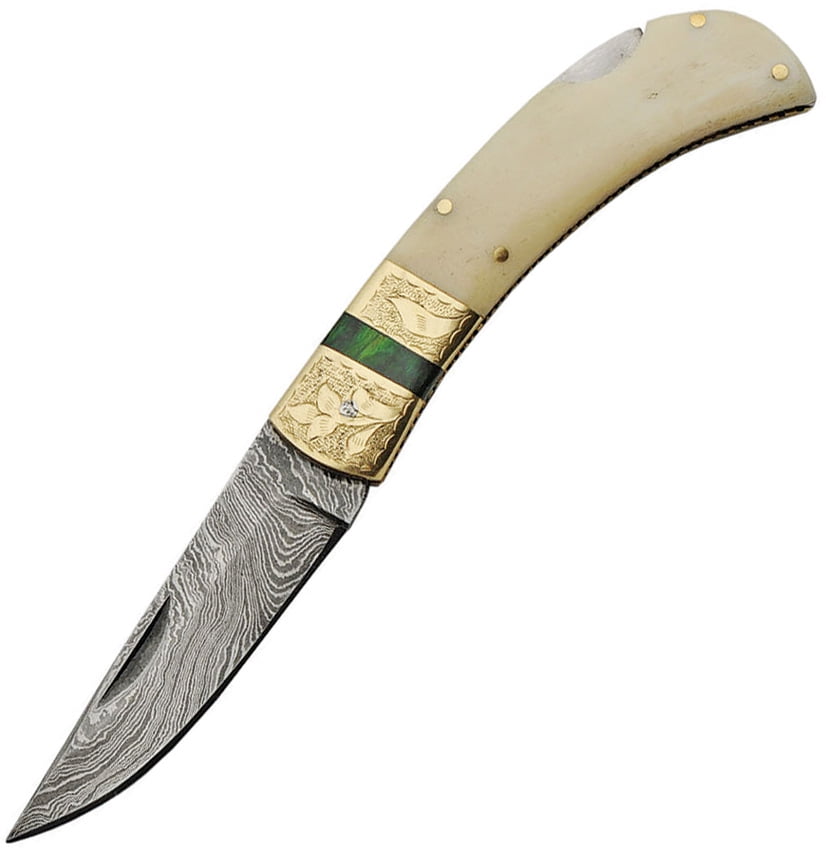 Photo 1 of 4" Green Lockback Smooth Bone Damascus Pocket Knife