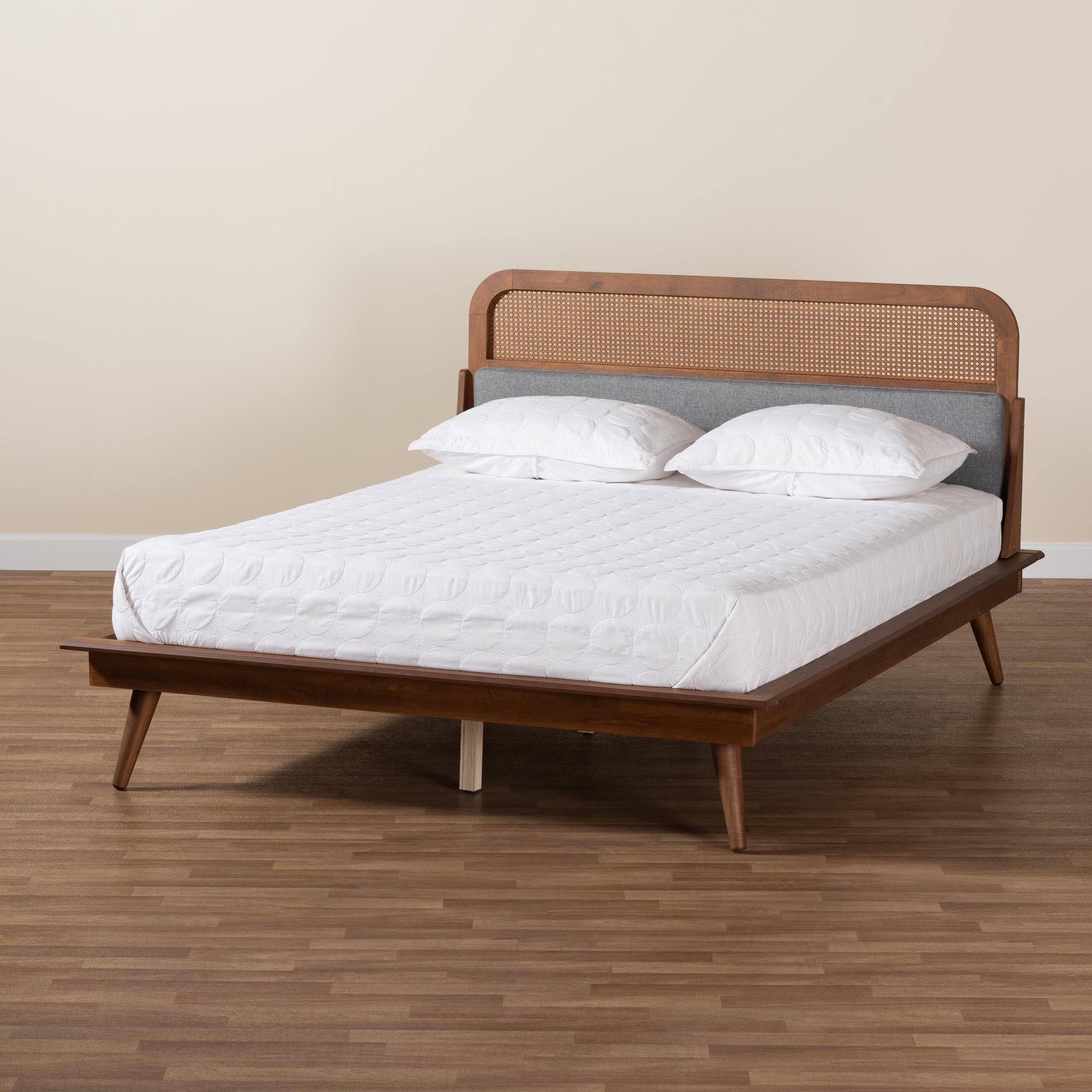 Baxton Studio Irina Mid-Century Modern Grey Fabric and Ash Walnut Finished Wood Queen Size Platform Bed