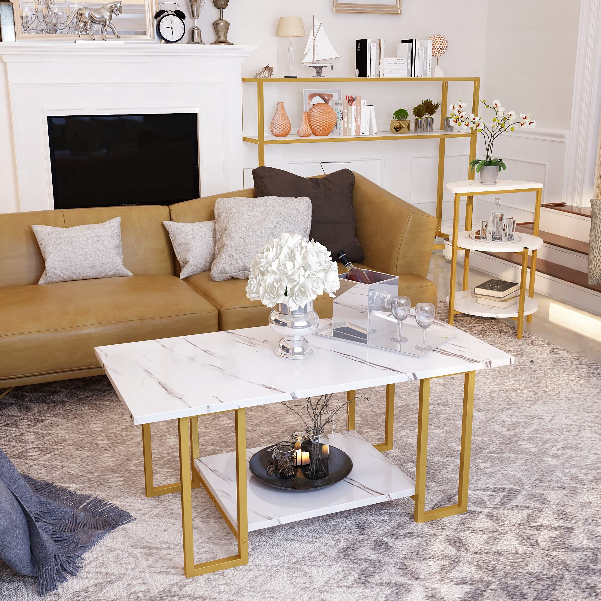 AWQM Storage Multi 3 Tiers 2 Pieces Marble Coffee Table, 2 Side Table, White/Gold