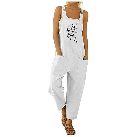 Women's Cotton Linen Overalls Flower Print Bib Overall Jumpsuit with ...