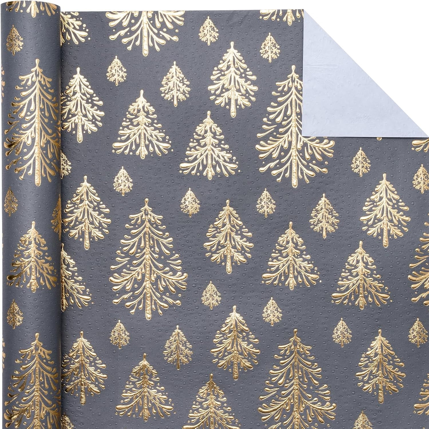 3D Kraft Christmas Wrapping Paper Roll - Mini Roll - 17 Inch x 16.5 Feet - Gold and Dark Grey Christmas Tree Wrapping Paper with Embossed Perfect for Holiday, Party Celebration