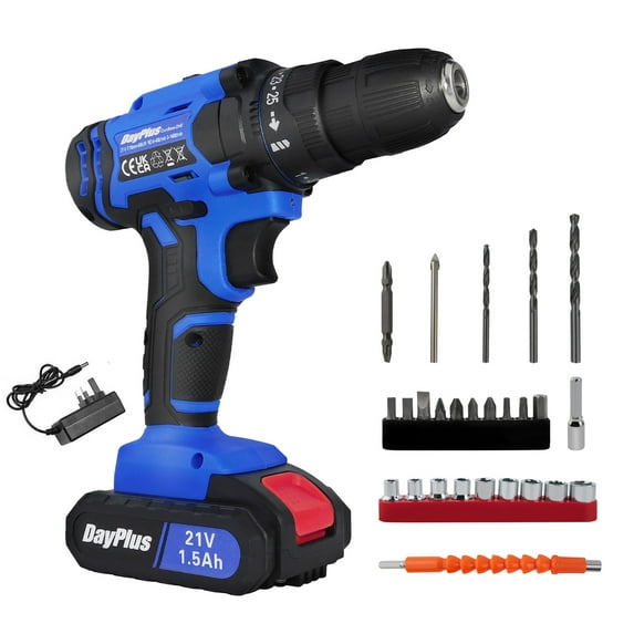21V Cordless Drills Driver Screwdrivers Set with 1500mAh Lithium-Ion Battery Max Torque 45 N.m, 10mm Chuck, 2 Variable Speed, 25+1 Torque Setting, LED Light, with 26Pcs Accessories