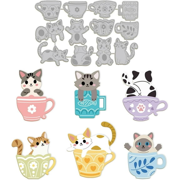 Teacup Kitten Cat Metal Die Cuts Teacup Kitten Cat Cut Dies Metal Stencils Metal Cutting Dies for Card Making Embossing Tool Stencil Scrapbooking DIY Craft Album Paper Card Decor