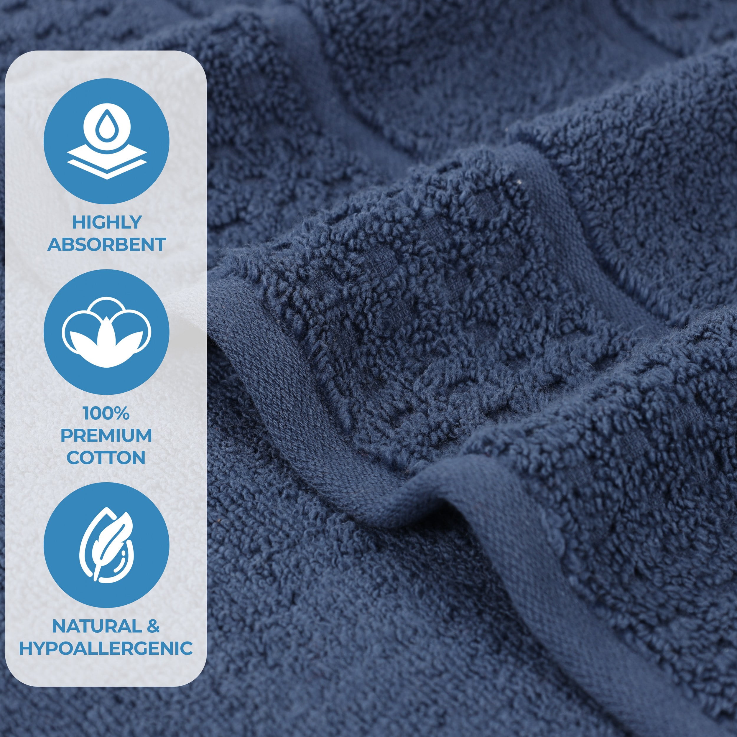 Superior Zero Twist 12-Piece Cotton Face Towel Set, Waffle Border Ultra Doft Quick Dry Towels, Navy Blue