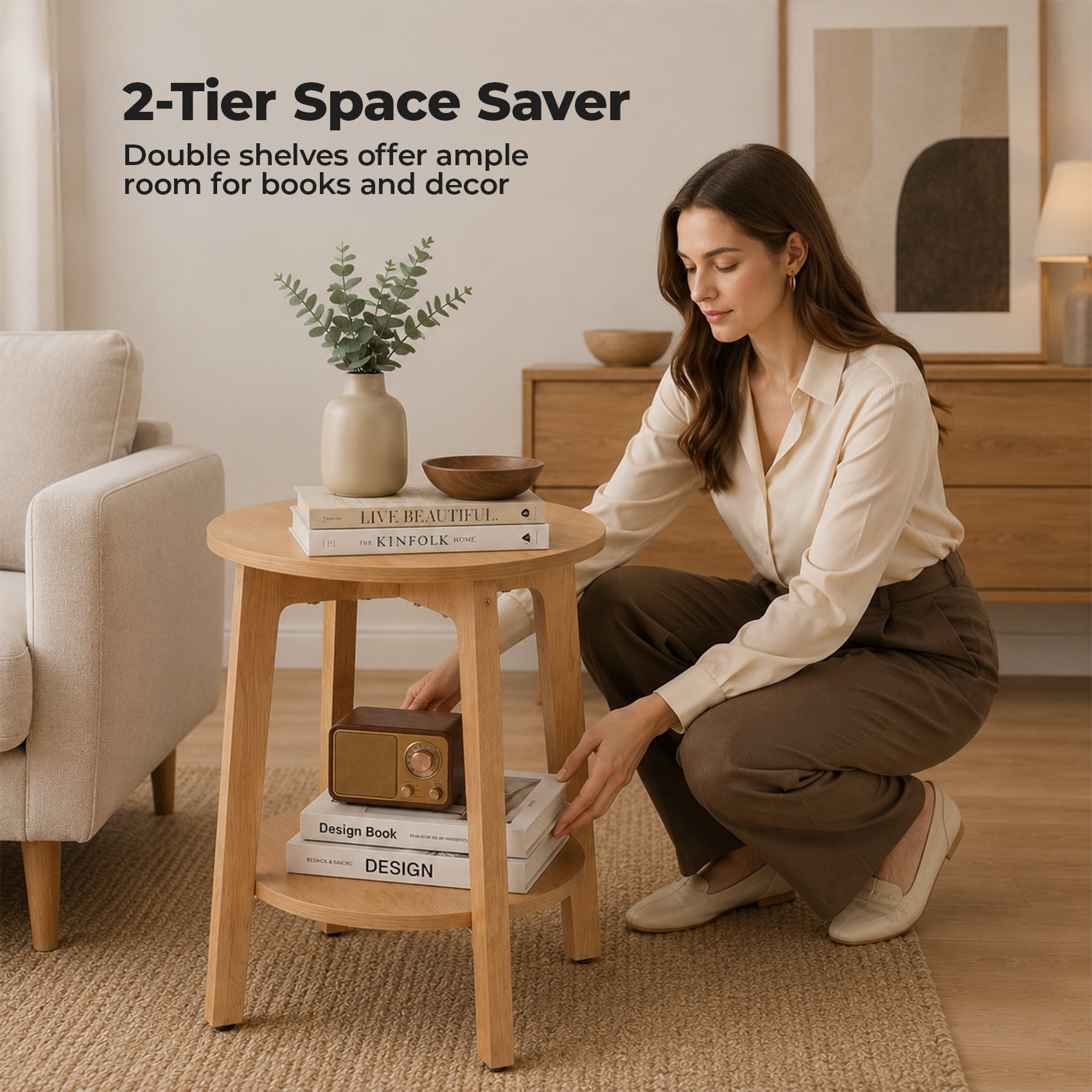 Alvantor Side Table, 2-Tier Small Round End Table, Nightstand with Tapered Legs, Curved Transitions, for Small Spaces, Living Room, Bedroom