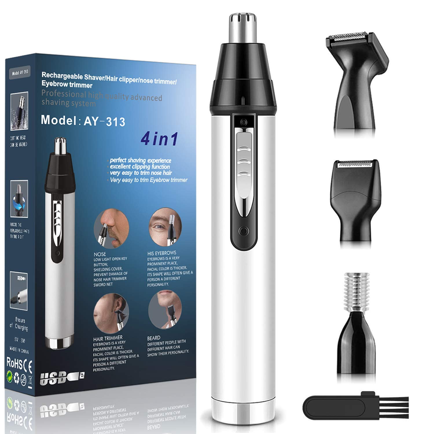 Electric Nose Ear Hair Trimmer Kit,Man Beard Rechargeable Woman Eyebrow Trimmer 4 in 1 Waterproof Dual Edge Spinning Blades System Cuts Safely Without any Pain